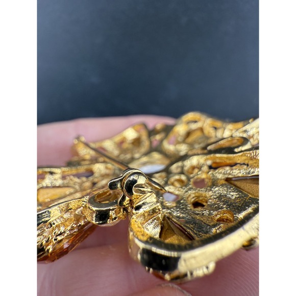 Vintage Brooch Flower Brown Rhinestone White Gold Tone - Picture 5 of 7